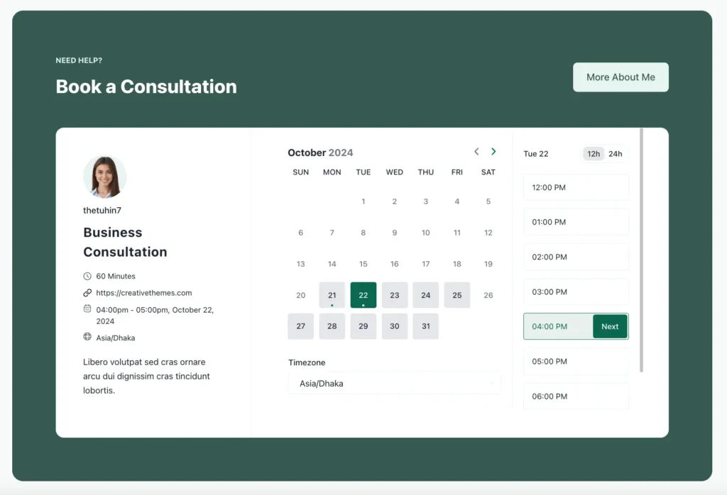 fluentbooking booking calendar view in the blocksy consultant starter template